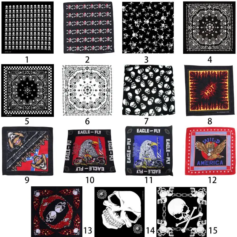 

54x54cm Unisex Flaming Skull Square Bandanas Cotton Motorcycle Eagle Print Neck Tie Biker Handkerchief Hip Hop Dancing Head Wrap