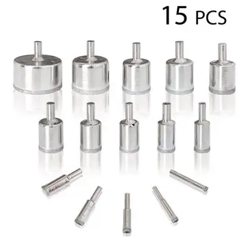 

15PCS/Set Diamond Coated Drill Set Tile Marble Glass Ceramic Hole Opener Power Tool Drill Bit Hole Saw Drilling Bits for Power T