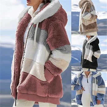 Women Warm Hooded Jacket Winter Zipper Casual Faux Fur Patchwork Parka Fleece Drawstring Ladies Coat