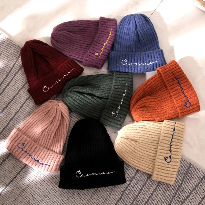 

Winter Hats for Women Wool Beanies Hat Warm Solid Letter Embroidered Knitted Hat Ins Han Male Hip Hop Beanies for Men