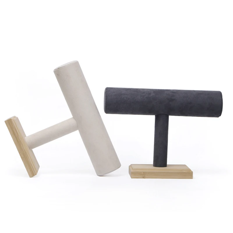 New Bamboo Single T-Bar Rack Bracelets Watch Bangles Necklaces Jewelley Display Holder Stand Velvet Jewelry Organizer Wholesale
