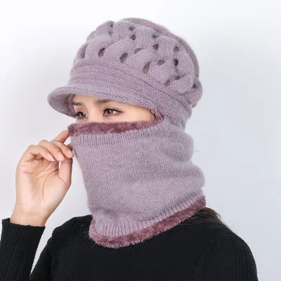 light purple Женская зимняя вязаная шапка, Женская шерстяная шапка, зимняя шапка, Балаклава маска, Подарочная шапка для мамы - Цвет: light purple