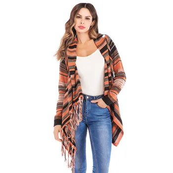 

Gradient Stitching Color Stripe Cardigan Sweater Women Spring Autumn Poncho Tassels Slash Shawl Hem Fringe Loose Sweater Mujer