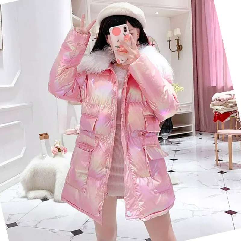 pink Зимняя женская куртка, блестящее хлопковое пальто, имитация шерстяного воротника, цветная теплая куртка, Женская Корейская Свободная куртка, парка, пальто 220 - Цвет: pink