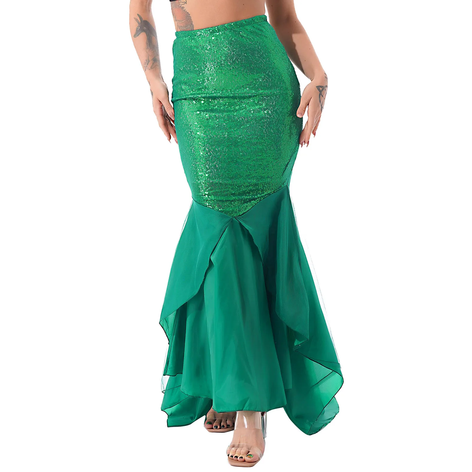 Women Ladies Shiny Sequined Mermaid Tail Skirt Party Photography Cosplay Costume Long Mermaid Tail Halloween Theme Party Dress 2