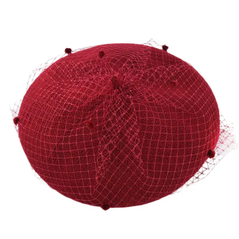Французский стиль для женщин и девочек берет в стиле винтаж Кепка элегантный банкет Чай Вечерние на свадьбу художника живописца шляпа сплошной цвет с сеткой вуаль - Цвет: Wine Red