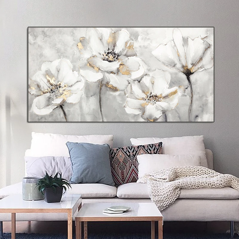 Painting of White and Golden Flowers Printed on Canvas