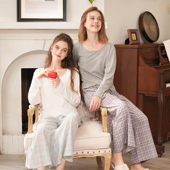 

Autumn New Ladies Pajamas Suit Long-sleeve Round Neck Irregular Pyjamas Loose Plaid Printing Casual Home Nightwear 2pcs Set