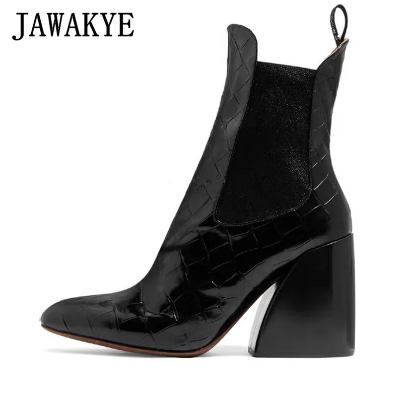 JAWAKYE/черные, коричневые ботильоны из крокодиловой кожи на высоком каблуке; женские полусапожки с острым носком на конском каблуке; женская обувь; botas mujer - Цвет: as shown