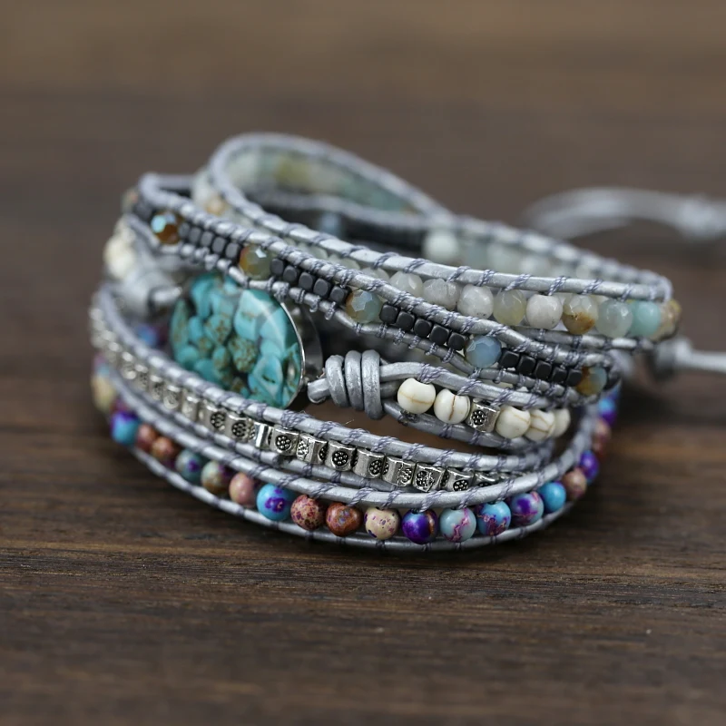 New Unique Mixed Natural Stones Charm 5 Strands Wrap Bracelets for women Handmade Boho Bracelet Leather Bracelet gift jewelry