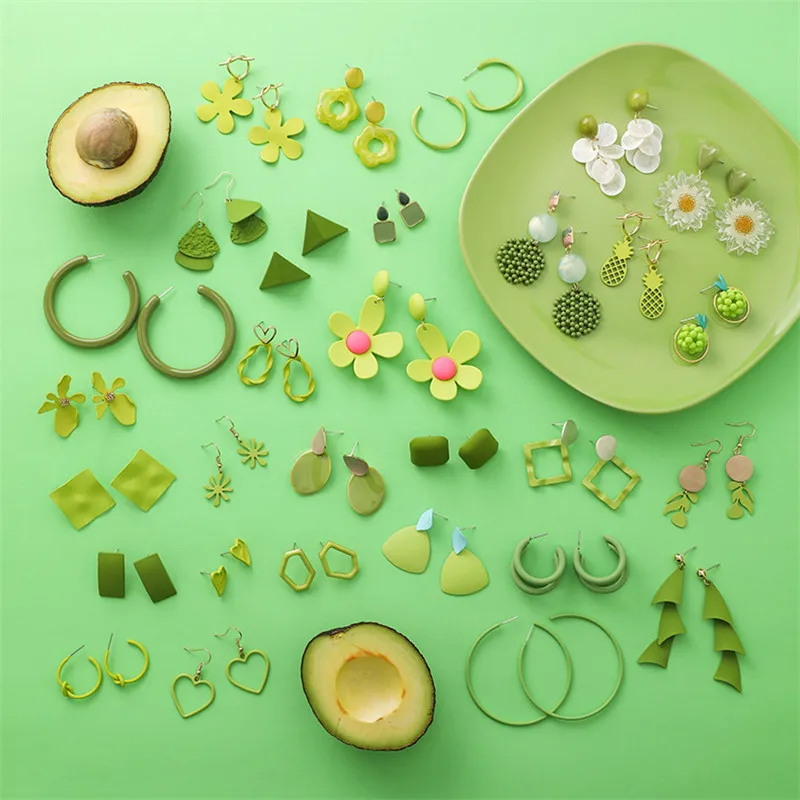 

New Matcha Green Avocado Acrylic Flower Drop Earrings for Women Heart Geometric Round Fruit Pendant Earrings Boucle D'oreille