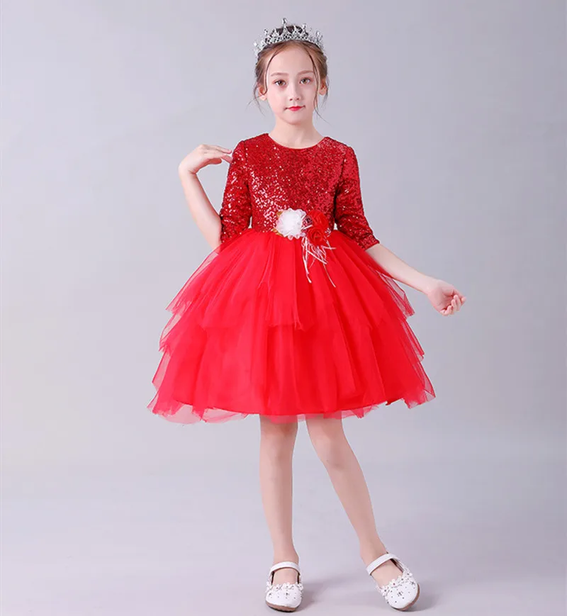 Кружевное платье принцессы; сезон осень-зима; детская одежда с блестками и сеткой; вечерние платья для девочек; платье для дня рождения и свадьбы
