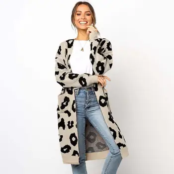 

2019 Winter Thick Long Sweater Women Leopard Cardigan Winter Warm V Neck Long Cardigan Female Knitted Cardigans Sweaters Ladies