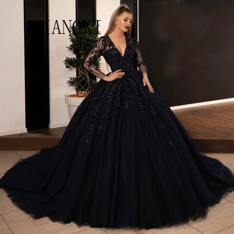 Robe de soiree/черные вечерние платья г., длинное вечернее платье с глубоким v-образным вырезом и длинными рукавами, с юбкой-американкой, вечерние платья, бальные платья Vestido de festa