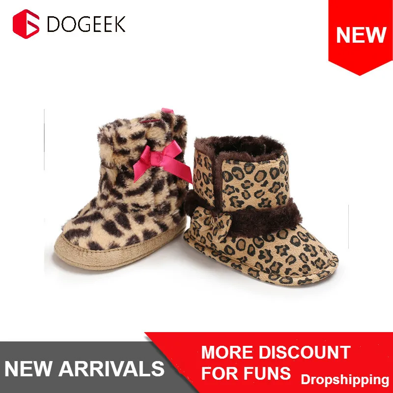 DOGEEK 0-1 year old Winter Warm Female Baby Shoes Leopard Pattern And Plush Snow Boots Soft Sole | Мать и ребенок