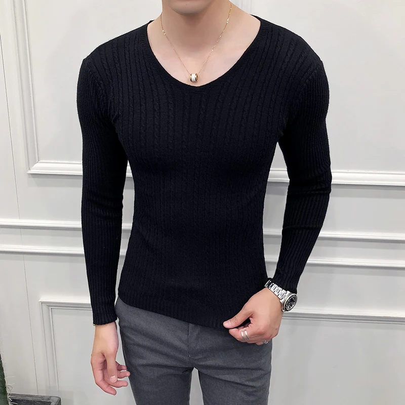 Черный Hot Sale Men Casual Sweater Fashion Long Sleeve Pull Homme Streetwear Slim Fit V Neck Knitting Sweaters Mens Clothing 2XL - Цвет: Черный