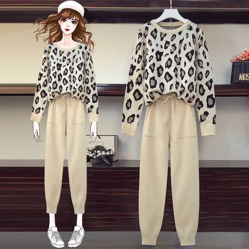 

Autumn and winter new knitted two-piece female personality leopard print pullover long sleeve loose sweater small foot pants set