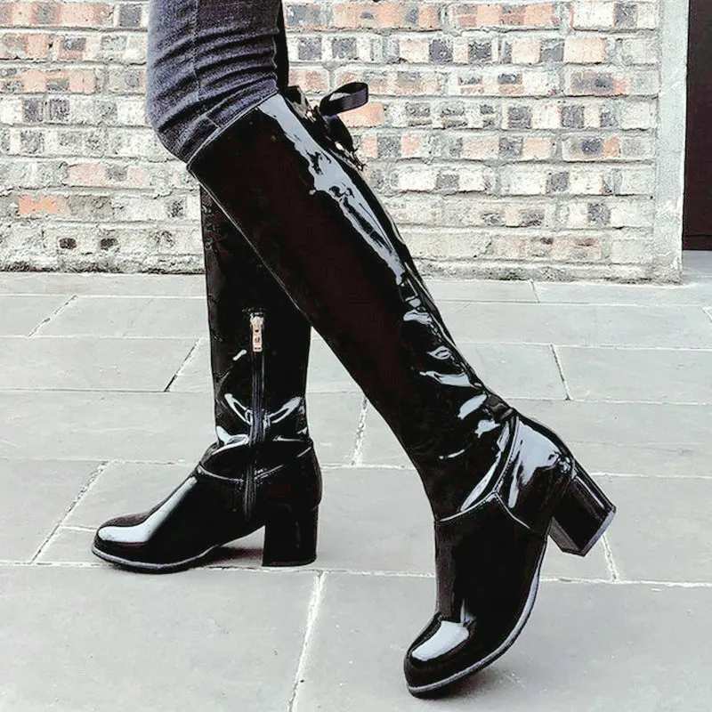 Patent PU Leather Women Knee High Boots Square Heel Women Winter Boots Zipper Ladies Long Boots 2020 New Plus Size 34-43 