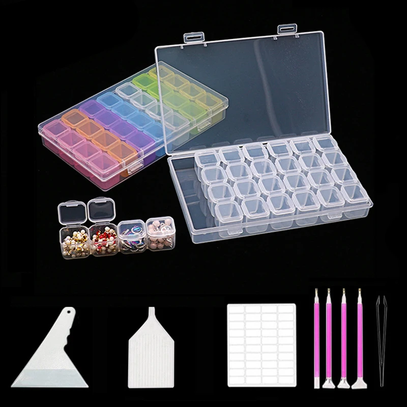 Juego de Herramientas de pintura de diamantes, caja de almacenamiento de plástico de 28 celdas y 40 Uds., herramienta de inserción para bordado de pintura de diamantes, accesorios