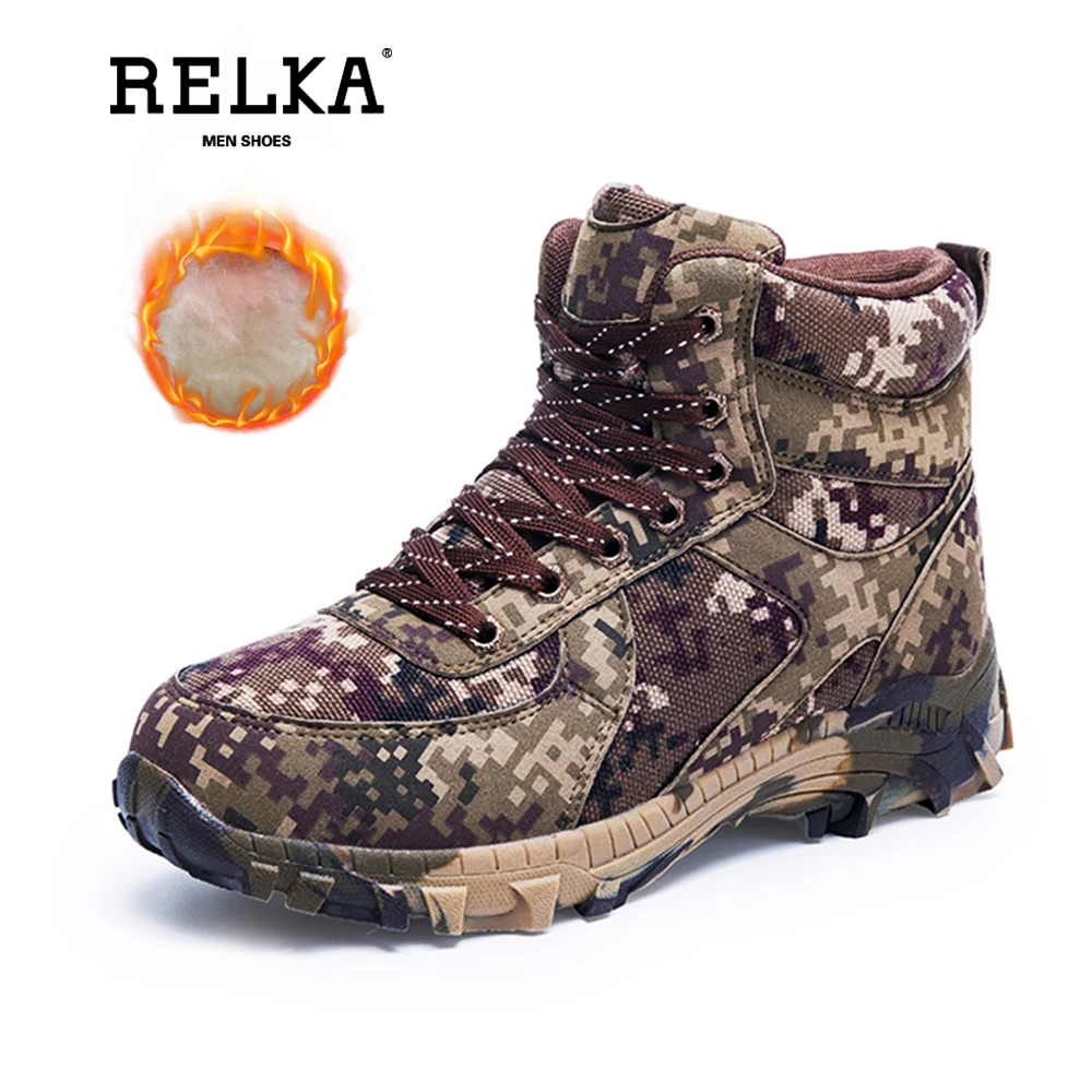 RELKA Новые теплые зимние сапоги Мужские подкладочные шерстяные кожаные боевые