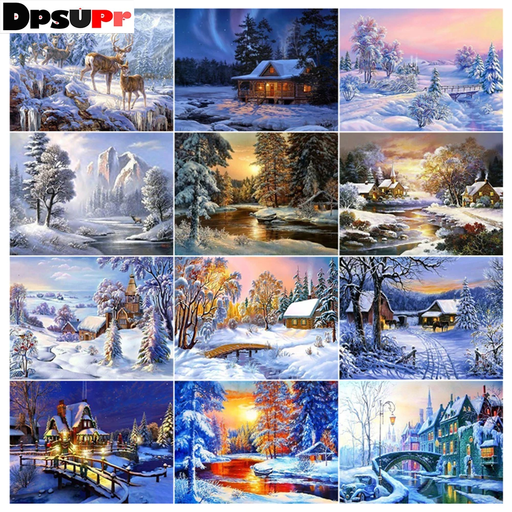 HOMFUN-5D-DIY-Full-Diamond-Embroidery-House-tree-snow-winter-Diamond-Painting-Cross-Stitch-Rhinestone-Home