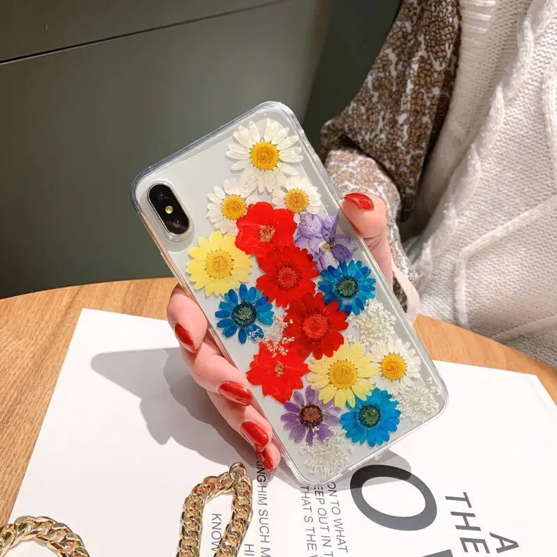 Настоящие сухие цветы чехол для телефона для iPhone X XR XS Max 7/8 8 Plus ручной работы телесный цветок мягкий прозрачный ТПУ чехол для телефона - Цвет: 5