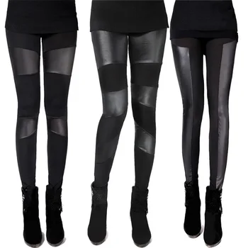 

Women's Cotton Leather Stitching Ankle-length Pants Personalized Slim Skinny Leggings Women