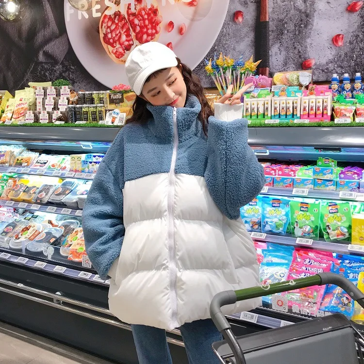 

Photo Shoot 2019 Winter New Style Korean-style Loose-Fit INS Lambs Wool Joint Contrast Color Warm Hand Cotton Thick Cotton Coat