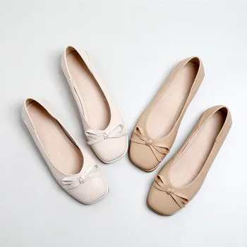 

Women's Fashion Spring Bowknot Sneakers Wild Square Head Leather Flats