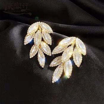 

925 Silver Heavy Zircon chao shan Leaves Earrings Europe Exaggerated Diamond Luxury Personality Earrings