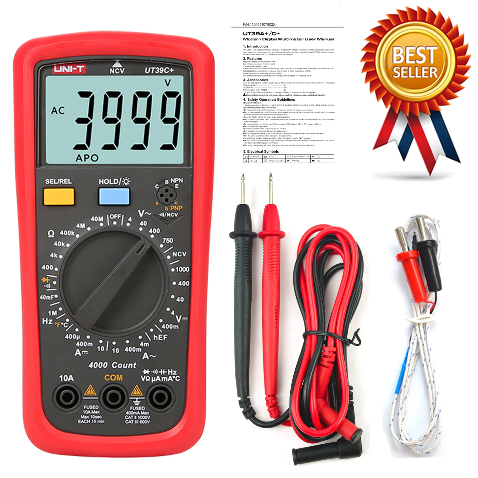 

UNI-T UT39C+ LCD Digital Multimeter DC/AC Voltage Current Meter NCV Capacitance Resistance Diode Tester Voltmeter Ammeter