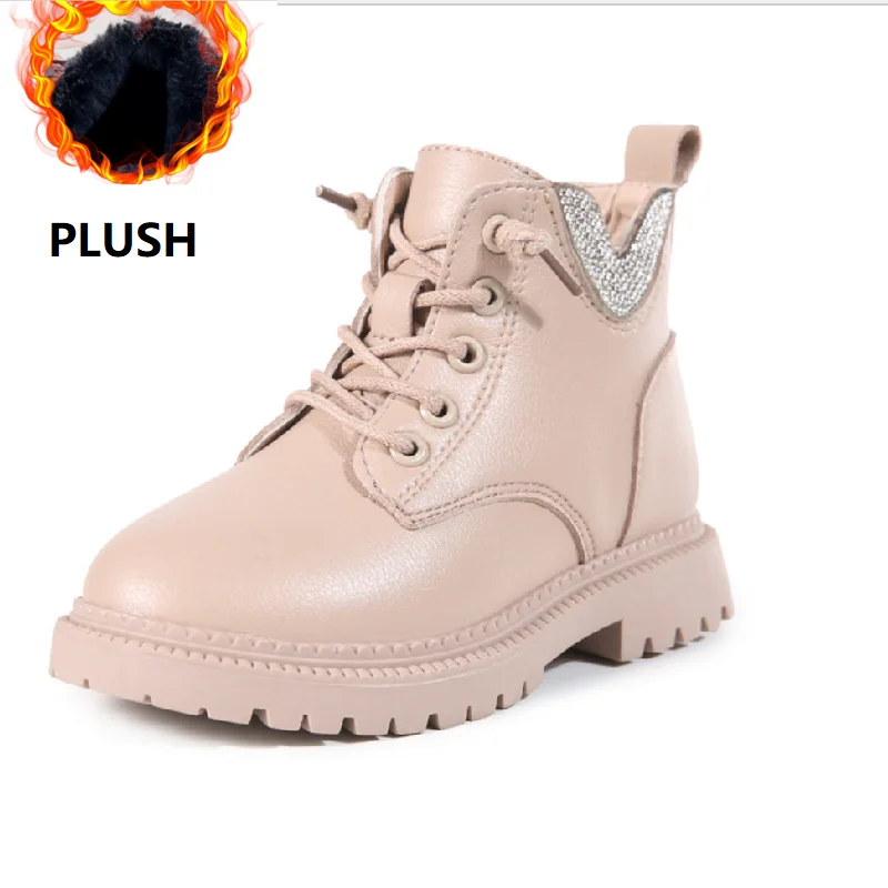plush pink Ботинки для девочек г. Новая осенне-зимняя модная обувь в британском стиле для девочек детские широкие черные плюшевые Нескользящие ботинки принцессы на молнии обувь для больших девочек - Цвет: plush pink