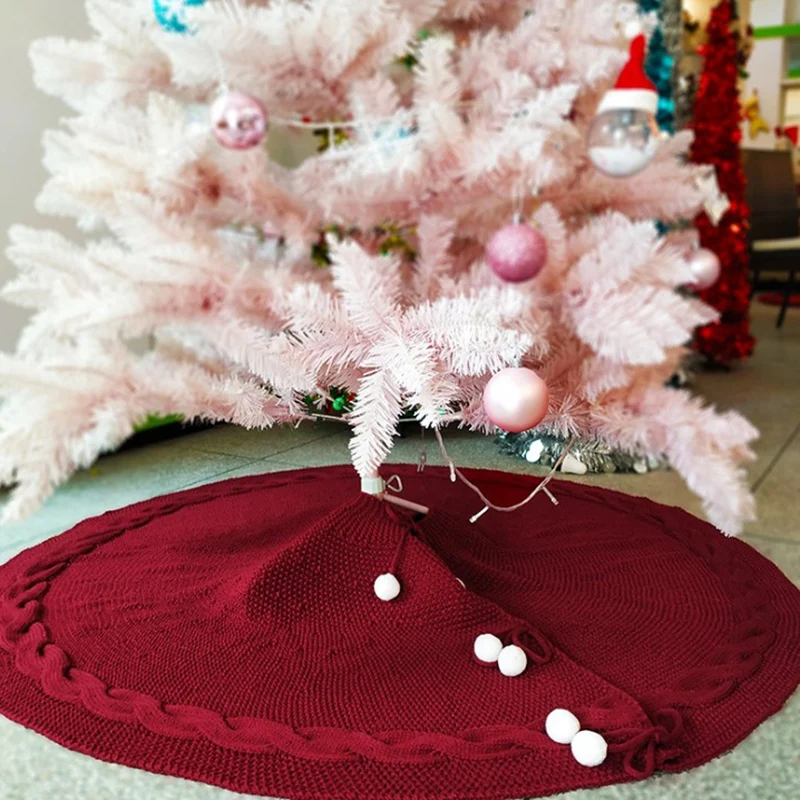 Fashion-Christmas Tree Skirt, 48 Inches Luxury Cable Knit Knitted Thick Rustic Xmas Holiday Decoration, Burgundy