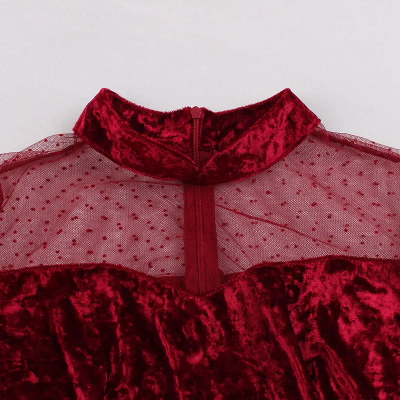 Tonval винтажный воротник-стойка контрастный прозрачный сетчатый бордовый бархат платья женские Вечерние Элегантные Осенние Зимние женские платья