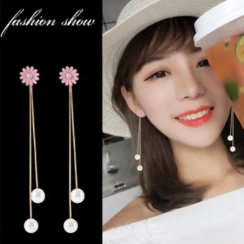 

Korean Fashion Female Pink Daisy Flowers Earrings Simulated Pearl Tassel Long Pendant Ear Jewelry Simple Back Hanging Brincos