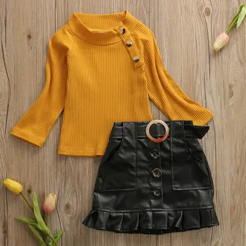 

Pudcoco Autumn Toddler Baby Girl Clothes Solid Color Long Sleeve Button Knitted Cotton Tops Mini Leather Skirt 2Pcs Outfits Set