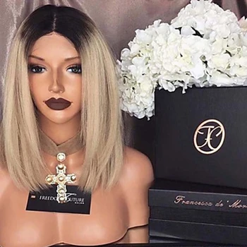 

Short Bob Blonde Wig Synthetic Lace Front Wig 14inch Short Straight Hair Dark Roots Ombre Blonde Heat Resistant with Baby Hair