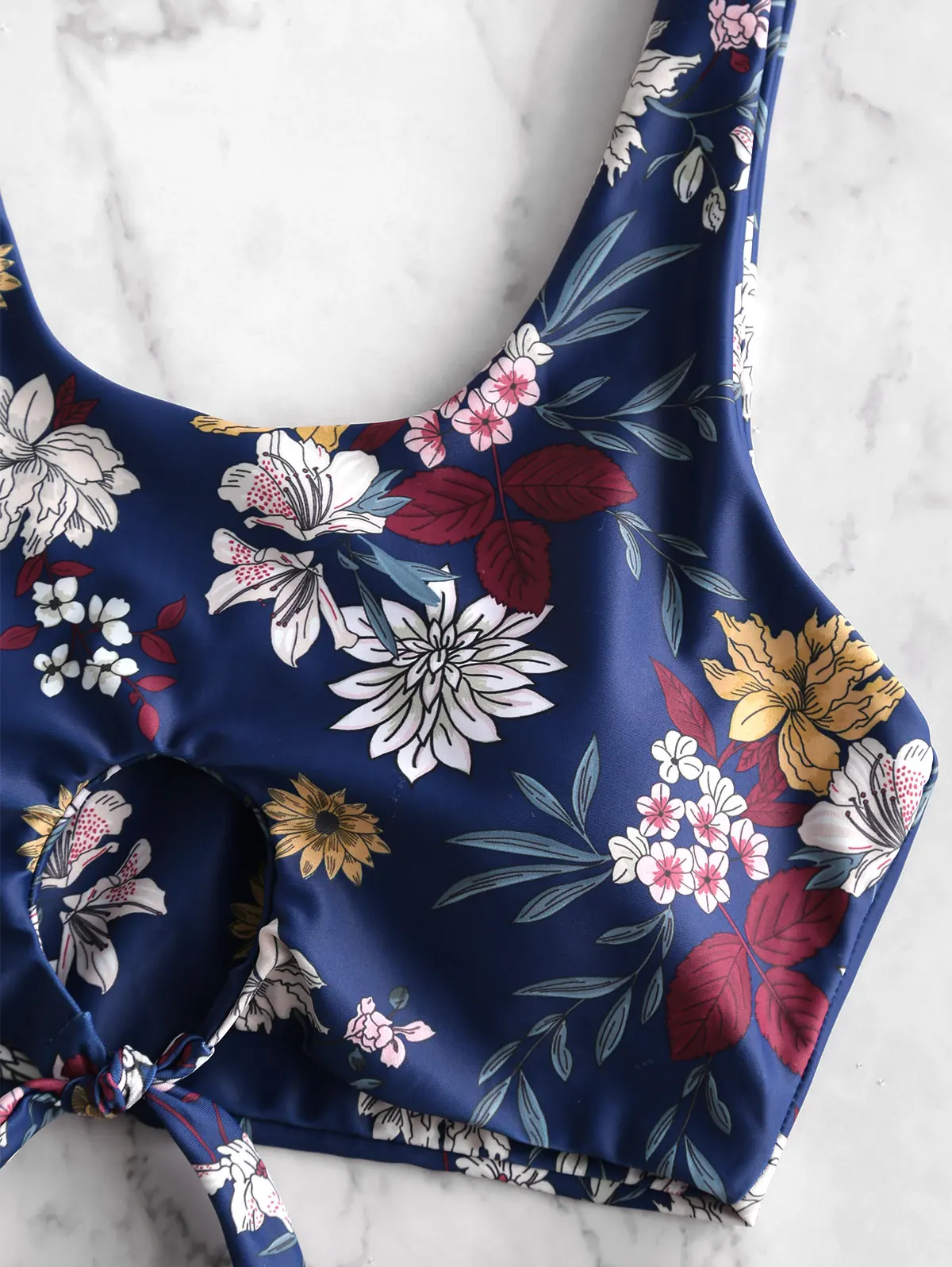 ZAFUL цветочный узел вырез Ruched танкини купальник для женщин провода бесплатно U образным вырезом с высокой талией Мягкий галстук спереди Съемный мягкий
