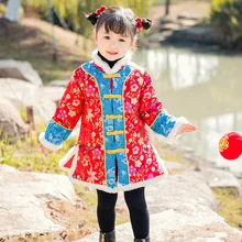 Новое Детское платье Чонсам в китайском стиле с длинными рукавами и цветочной вышивкой для девочек зимнее теплое платье с меховым воротником для девочек От 2 до 7 лет