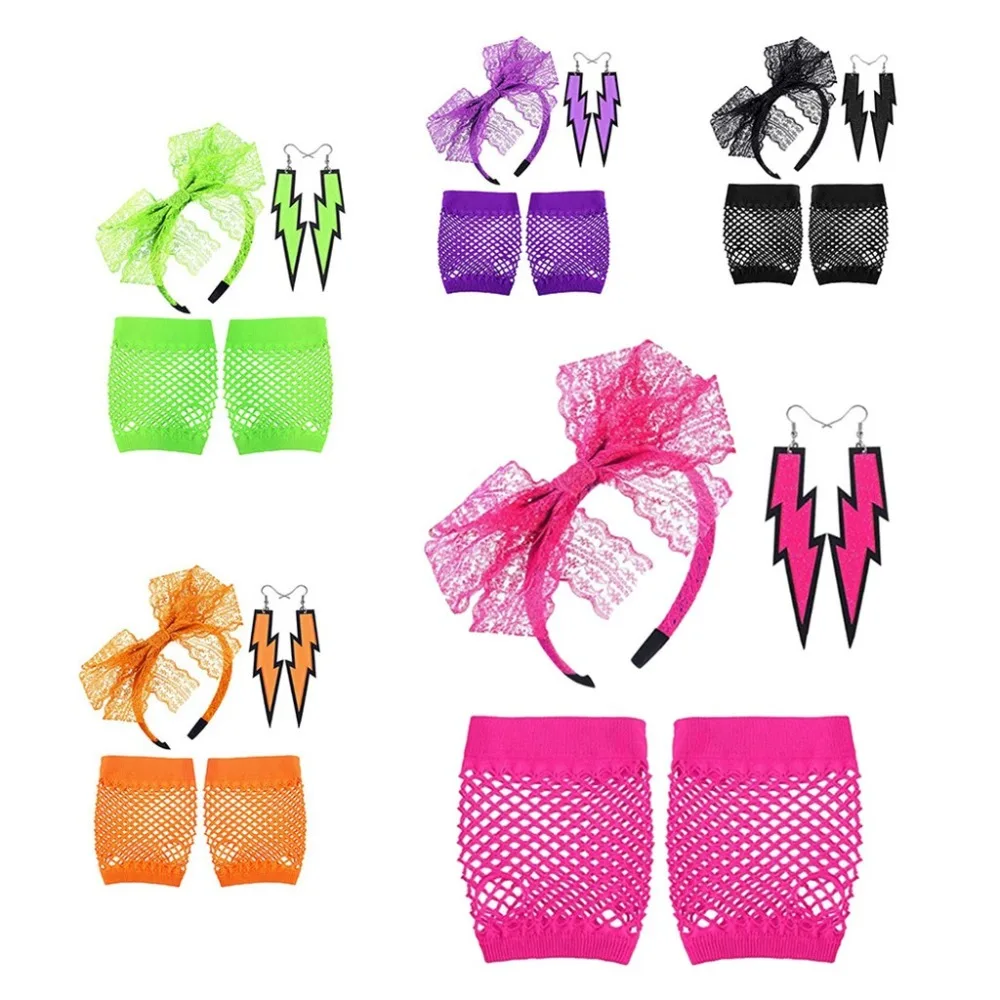 Women Fashion Lace Headband Neon Earrings Fingerless Fishnet Gloves For 80's Party guantes eldiven handschoenen  (2)
