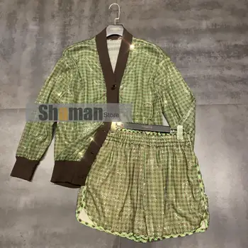 

Celebrity Inspired Summer New 2 piece set women Full Sequined Plaid V-neck Long-Sleeved cardigan + Elastic Waist Shorts Sets