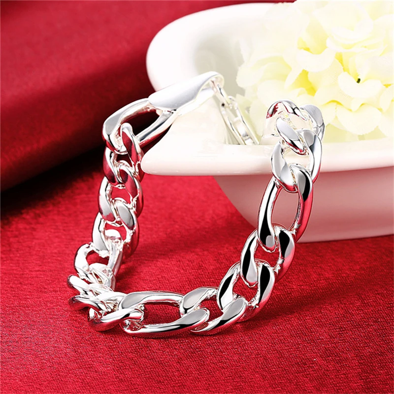 Charmhouse Bracelet For Men Sterling Silver 12mm Figaro Chain Bracelets& Bangles Wristband Pulseira Homme Male Jewelry Gifts