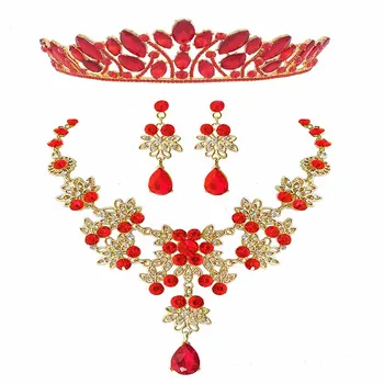 

Red Crystal Flower Leaf Tiaras and Crowns Pendant Necklace Stud Earrings Jewelry Sets Bridal Wedding Hair Accessories FORSEVEN