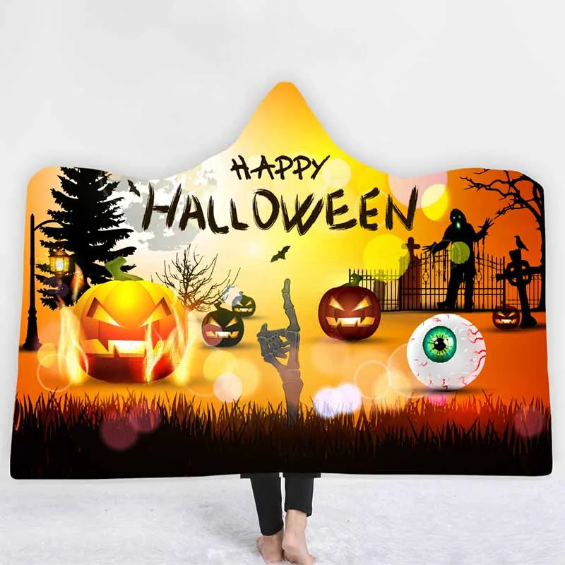 Праздничная Тыква с надписью Happy Halloween одеяло с капюшоном бархатные двойные Слои для дивана, из микрофибры Одеяло мягкие пледы Одеяло верхняя детская одежда