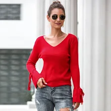 Autumn Winter Women Sweater Casual V Neck Knitted Pullovers Mujer Drawstring Ruffles Sleeve Solid Female Jumper 2020 Ropa Mujer Autumn Winter Women Sweater Casual V Neck Knitted Pullovers Mujer Drawstring Ruffles Sleeve Solid Female Jumper 2020 Ropa Mujer