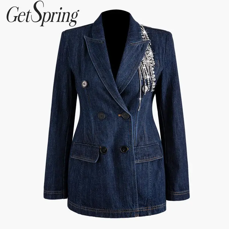 

GETSPRING Women Blazer Diamond Tassel Patchwork Denim Women Blazers Jackets Blue All Match Vintage Suit Coats 2019 New Autumn