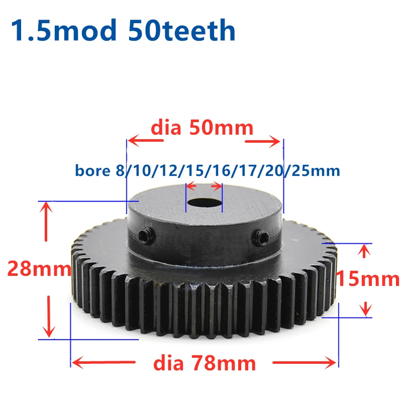 

Quench Spur Gear pinion 1.5M 50T 50Teeth Mod 1.5 Width 15mm Bore 8mm-25mm Right Teeth major gear cnc gear rack transmission RC