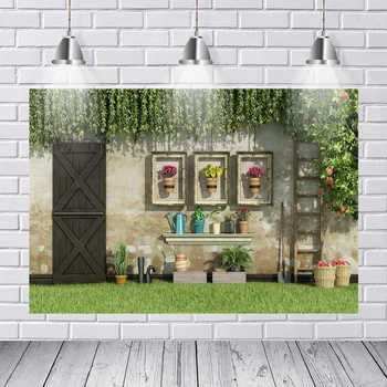

Photography Backgrounds Wooden Door Green Grass Garden Flower Spring Garden Backdrop Photocall Professional Photo Studio Props