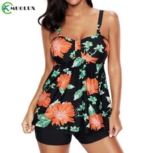 Черный Танкини с пуш-ап, купальник с цветочным принтом, два предмета, женский купальник бандо, купальник с юбкой, большой размер, купальник