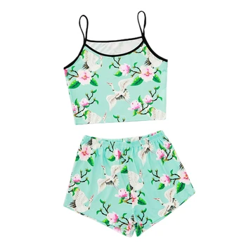

Summer Pajamas Set 2 Pcs Women home service suit Sexy Round Neck Ice Silk Fabric Camisole Printed Loose Elasticated Waist Shorts
